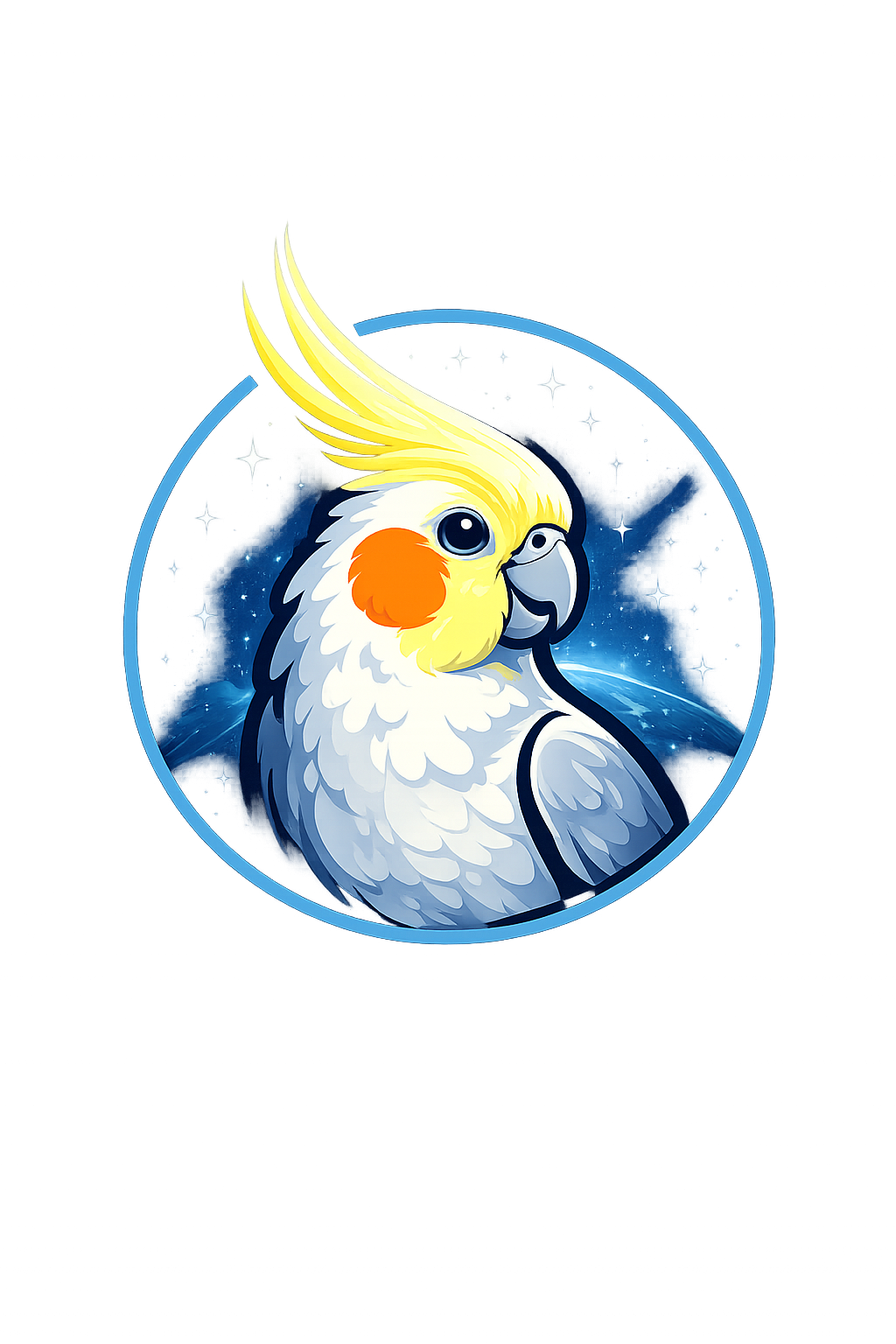 Ilustração de uma calopsita com topete amarelo e bochechas laranjas em estilo moderno.