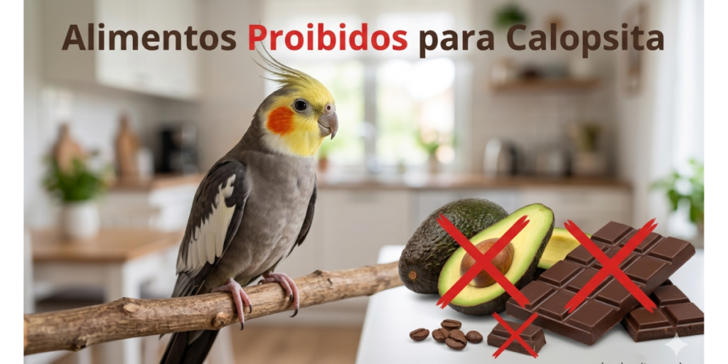 Uma calopsita cinza e amarela em primeiro plano observando uma bancada de cozinha onde estão um abacate cortado, barras de chocolate e grãos de café, todos marcados com um grande "X" vermelho de proibido. No topo, o texto em destaque diz "Alimentos Proibidos para Calopsita"