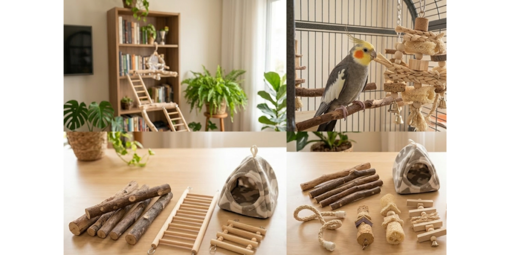 Calopsita mansa interagindo com brinquedo de madeira natural e bucha vegetal dentro de um viveiro espaçoso com poleiros de galhos.