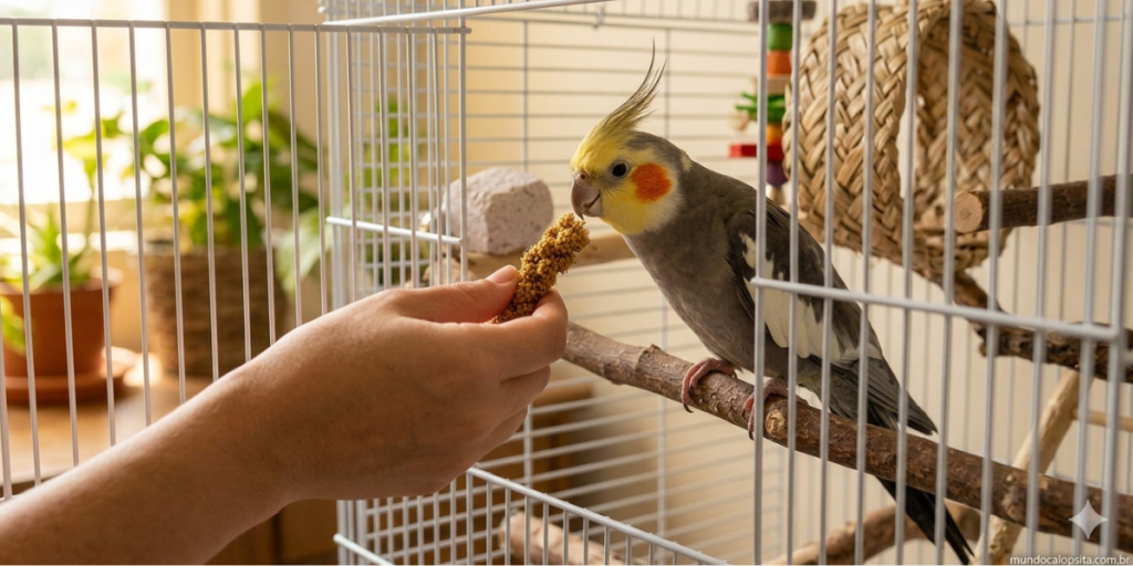Uma foto horizontal e acolhedora mostrando uma calopsita cinza e amarela mansa pousada confiantemente no dedo indicador de uma pessoa em uma sala de estar bem iluminada. O pássaro está aceitando um pequeno petisco da outra mão da pessoa. No canto superior direito, há um gráfico com o texto: "COMO AMANSAR CALOPSITA 🦜✨ GUIA PASSO A PASSO COMPLETO 2026". A cena transmite paciência, confiança e o sucesso do amansamento.