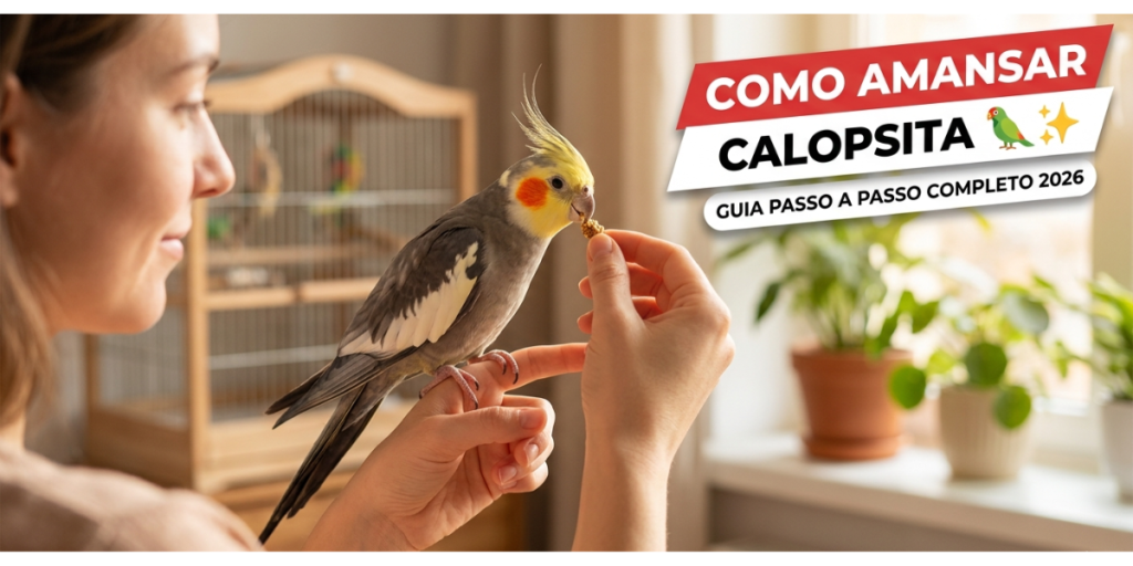 Uma foto horizontal e acolhedora mostrando uma calopsita cinza e amarela mansa pousada confiantemente no dedo indicador de uma pessoa em uma sala de estar bem iluminada. O pássaro está aceitando um pequeno petisco da outra mão da pessoa. No canto superior direito, há um gráfico com o texto: "COMO AMANSAR CALOPSITA 🦜✨ GUIA PASSO A PASSO COMPLETO 2026". A cena transmite paciência, confiança e o sucesso do amansamento.