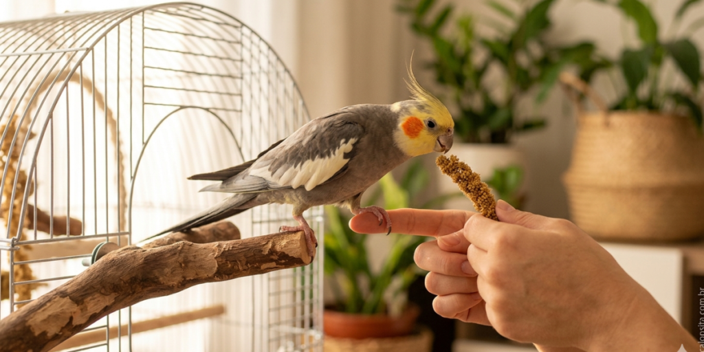 Uma foto horizontal e acolhedora mostrando uma calopsita cinza e amarela mansa pousada confiantemente no dedo indicador de uma pessoa em uma sala de estar bem iluminada. O pássaro está aceitando um pequeno petisco da outra mão da pessoa. No canto superior direito, há um gráfico com o texto: "COMO AMANSAR CALOPSITA 🦜✨ GUIA PASSO A PASSO COMPLETO 2026". A cena transmite paciência, confiança e o sucesso do amansamento.