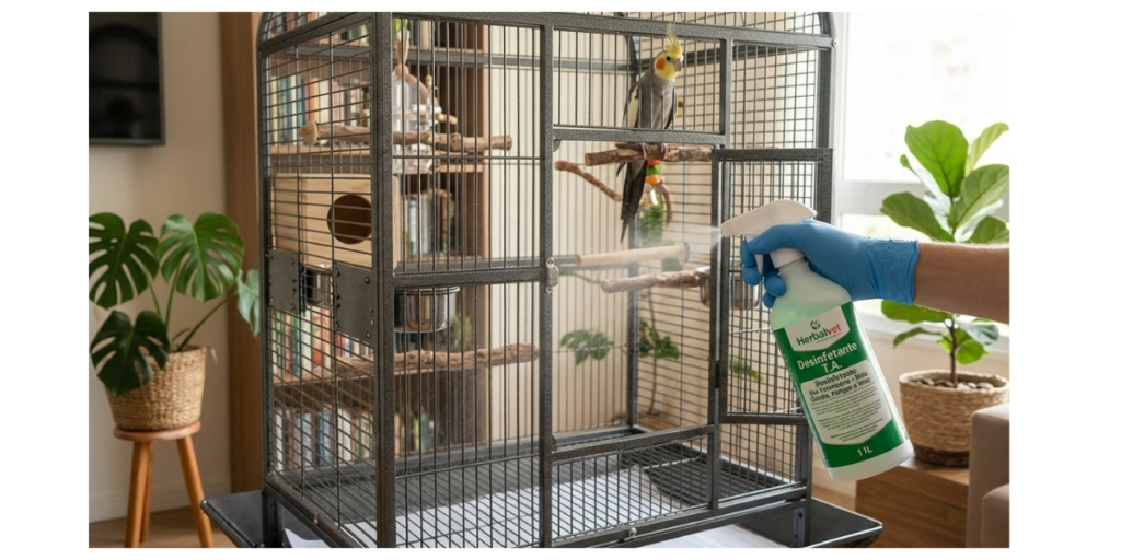 "Close-up de uma mão usando uma luva de nitrilo aplicando o spray desinfetante veterinário autêntico Herbalvet T.A. sobre a grade inferior de um viveiro grande e limpo para calopsita. A calopsita observa curiosamente de um poleiro superior, demonstrando a aplicação correta para biosseguridade e prevenção de doenças."