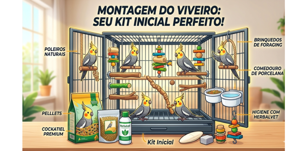 Infográfico de montagem de viveiro para calopsita mostrando um setup inicial perfeito com poleiros naturais, comedouros de porcelana e o kit de produtos Herbalvet.