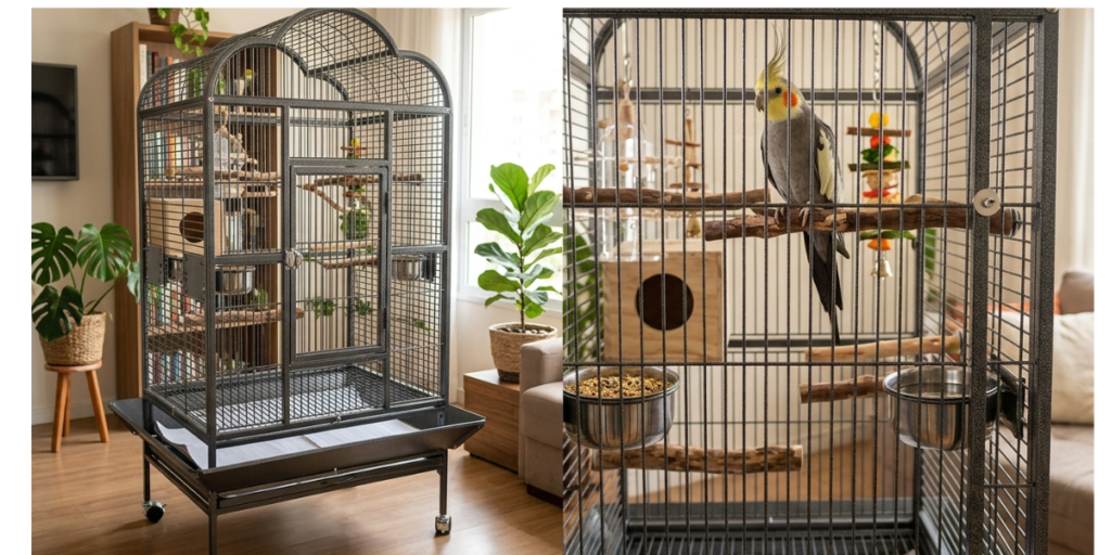 Um viveiro grande e espaçoso para calopsita, com enriquecimento ambiental e poleiros naturais, posicionado numa sala bem iluminada, demonstrando o habitat ideal para a ave."