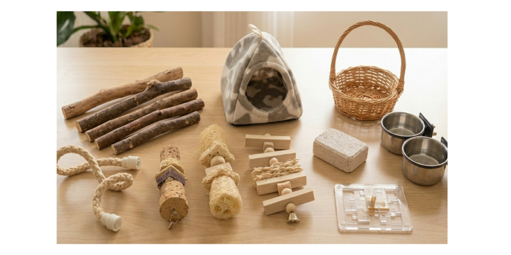 Vitrine de acessórios essenciais e naturais para calopsita sobre mesa de madeira, incluindo frasco de spray transparente com buchas vegetais e madeira para roer