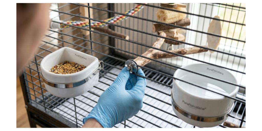 Close-up de uma mão humana instalando um poleiro de madeira natural com suporte metálico em um viveiro de calopsita moderno, com comedouros de porcelana já instalados.