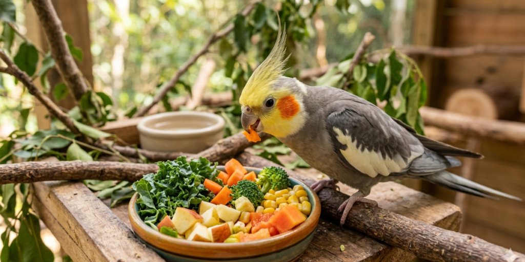 Calopsita cinza e amarela comendo mix de vegetais frescos como couve, cenoura e milho em um pote de cerâmica.