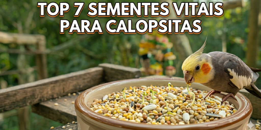 Calopsita cinza e amarela comendo um mix variado de sementes ricas como cártamo, painço, trigo sarraceno e sorgo em um pote de cerâmica.