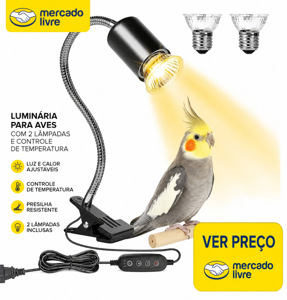 LAMPADA AQUECEDORA PARA CALOPSITAS Calopsita aquecida por luminária com presilha ajustável, controle de temperatura e duas lâmpadas inclusas. Ideal para aves domésticas, filhotes e ambientes que necessitam de aquecimento controlado.