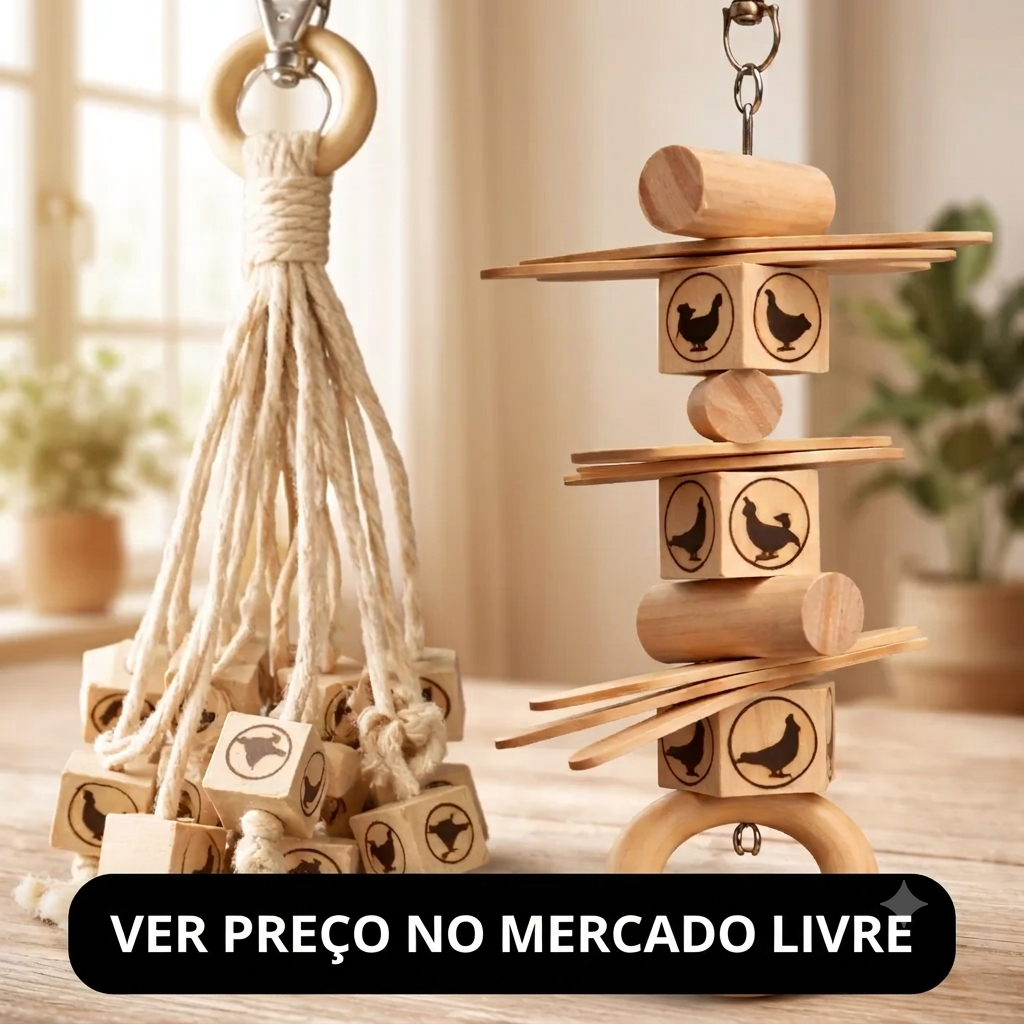 kit-brinquedos-de-madeira-e-corda-para-calopsita-mercado-livre.png Dois brinquedos suspensos de madeira natural e corda para calopsita, com blocos carimbados com silhuetas de aves, ideais para enriquecimento ambiental.