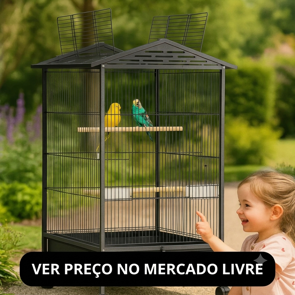 viveiro-grande-perfeito-para-calopsita-mercado-livre.png Viveiro grande e espaçoso para calopsita na cor preta, com teto em formato de casinha, rodinhas e duas calopsitas nos poleiros.